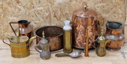 Mixed collection of antique and later brass and copperware to include a lidded log bin, brass