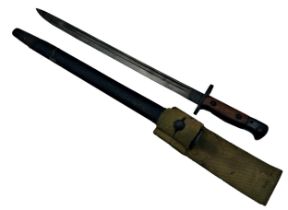 A military Wilkinson bayonet with original sheath and wooden hilt, 58cm long