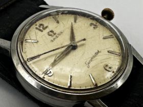 1950s Omega Seamaster stainless steel gents watch, 34mm case, cream dial with silvered hands and