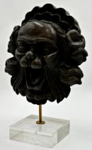 Eastern bronzed resin mask of a mythical beast raised on a leucite plinth base, 30cm high