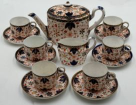 19th century Crown Derby Imari porcelain tea service comprising teapot, six cups, six saucers and