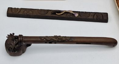 Japanese bronze ink and brush holder, similar bronze scroll weight