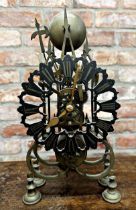 19th century brass skeleton clock, fusee movement, 34cm high, pendulum