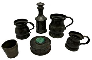 Collection of miniature pewter pieces to include a Ruskin type enamel inset lidded pewter box, three