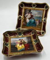 Pair of good quality Vienna porcelain square dishes, painted with classical scenes, with raised