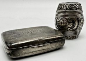 Antique silver barrel nutmeg grater, with embossed decoration, screw top with grater fitted