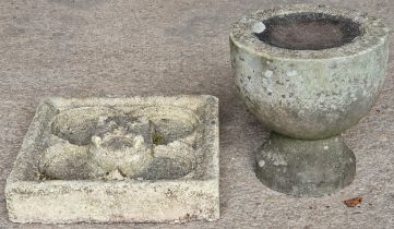 Weathered reconstituted Gothic wall plaque 37cm x 37cm together with a weathered plinth/birdbath (2)