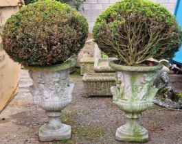 Pair of reconstituted stone garden urns with relief moulding, planted, 100cm high including