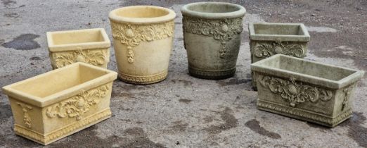 Willowstone - A pair of reconstituted stone circular garden planters with scrolling acanthus detail,