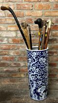 Collection of various walking sticks and canes to include a silver collared cane with novelty