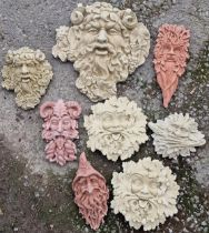 Collection of reconstituted stone wall hanging face masks to include mostly Greenman and satyr