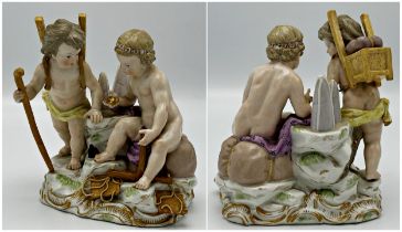 19th century Meissen porcelain figural character group of two cherubs, inscribed label to base '