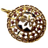18ct ruby and enamel Arabic filigree type disc pendant, 45mm diameter, 17.8g