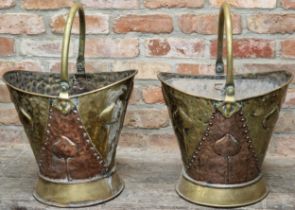 Pair of antique copper and brass Arts and Crafts style coal buckets, with embossed tulip detail