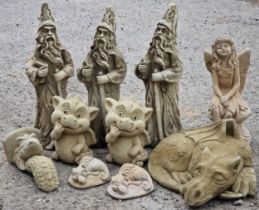 Collection of reconstituted stone garden ornaments in the form of fantasy creatures to include