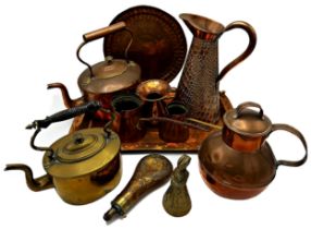 Collection of copperware to include an Arts and Crafts tray with studded border, two kettles, a