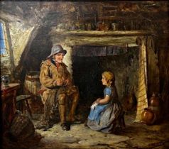 James Hardy Jnr. (1832-1889) - Fisherman stringing a net with a young girl sat at the hearth,