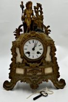 19th century French gilt spelter figural mantle clock, mounted by a shepherd and sheep, twin train