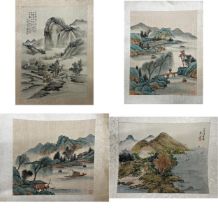 Six various Chinese watercolours on silk of landscapes, most with calligraphy and red seal mark,