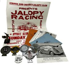 A collection of motor club photographs, documents and badges plus an American radiator mascot hood