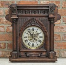 Arts and Crafts Gothic oak cased architectural mantle clock, two train brass dial with Gothic