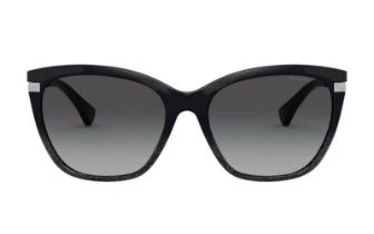 A pair of RALPH by Ralph Lauren sunglasses for women with black/glitter frames and RALPH logo to the