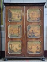 Decorative mahogany two door hall cupboard with painted inset panels of Italian scenes and