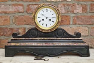 19th century black slate mantle clock, 50cm long, key and pendulum