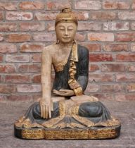 Good quality carved wooden seated Buddha, with painted, gilt and sequin highlighs, 87cm high