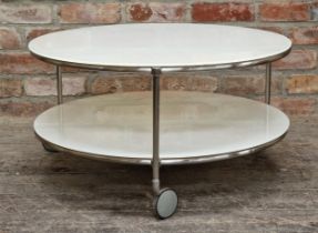 Vintage aluminium two tier coffee table with opaque white glass tops, raised on castors, H 40cm x
