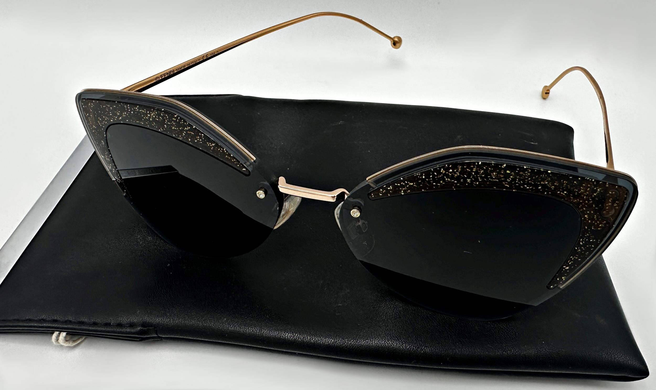 Fendi Eyewear Glittered Cat Eye Sunglasses in black and gold with branded dust cloth and case - Image 2 of 3