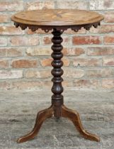 19th century tripod table with turned bobbin column and marquetry inlaid top, H 71cm x W 51cm