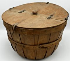 Wooden lidded butter basket with twin hinged lid and handle, H 25cm, D 36cm