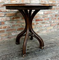 Good original Michael Thonet mahogany top bistro table, on typical bentwood quadruped base, 82cm D x