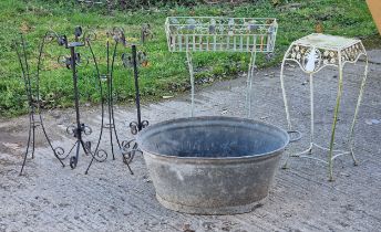 Collection of metalware items to include a wirework planter on stand with pierced floral detail, two