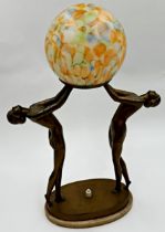 Exceptional quality Art Deco figural table lamp a mottled glass shade held aloft by two gilt metal