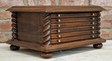 Good table top coin collectors cabinet, four slim drawers with fitted interiors and deep drawer