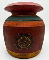 Vintage hand painted Indian lidded wooden pot, 23cm high