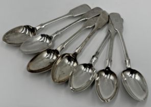 Seven antique silver fiddle teaspoons, 5oz approx