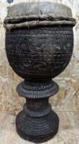 Tribal interest - Large ceremonial carved hardwood drum, with hide skin, scrolled and darted