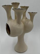 Unusual 'Dead Legacy' pottery vase, four trumpet spouts with silvered interior, 36cm high