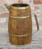 Antique oak coopered jug with applied brass banding, H 45cm