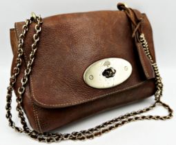 Brown leather Mulberry crossbody bag with gold-tone hardware. Features brown suede lining with