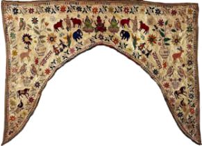 Exceptional Indian 19th century embroidered hanging or portiere, arched form depicting gods,