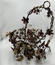 Good antique French six branch electrolier, applied with glass flowers and prismatic drops, 61cm