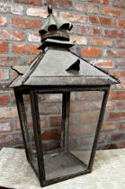 19th century tin plate street lantern with single glazed panel and door, 74cm high x 39cm wide.