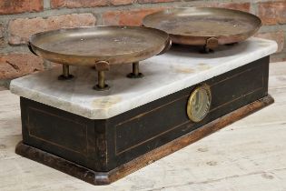 Good set of 19th century French culinary scales, two copper dishes on a marble surface, pine frame