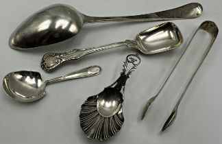 Good quality Georgian and later spoons - two caddy spoons, Old English table spoon, sugar scoop