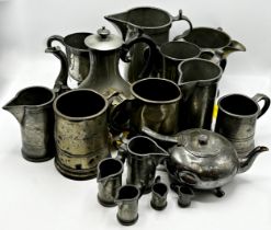 Collection of antique pewter to include Victorian quart jug, three tankards, coffee pot and