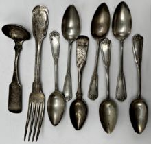 Early American silver spoons, teaspoon and sauce ladle by AC BURR & SW LEE and A MCGREW, Henniger 84